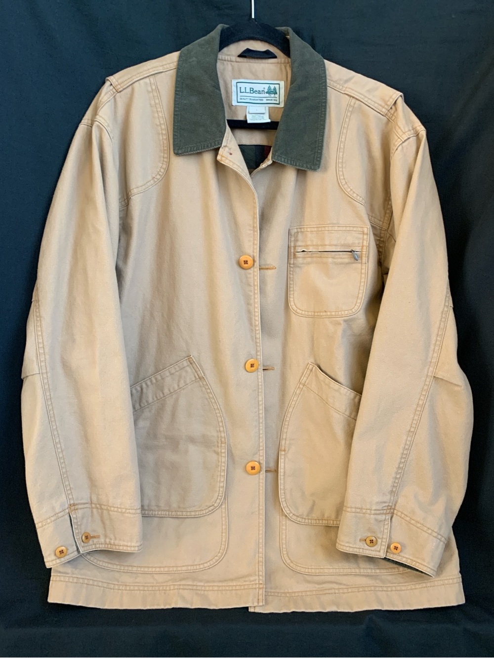 L.L. Bean Tan Canvas Field Jacket -Flannel lined Dark Green Corduroy Collar/Cuff